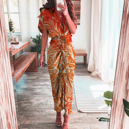 Women Vintage Printed Maxi Dress Summer Casual Button Lace Up Short Sleeve Dresses Female Solid V Neck Beach Long Dress Vestidos