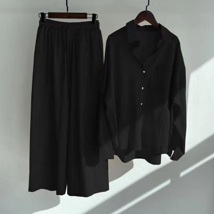 5XL Oversize Fall Blouse Trousers Suit Women's Outfit 2022 Cotton Linen Shirt High Waist Wide Leg Pants Set Women's Summer Suit