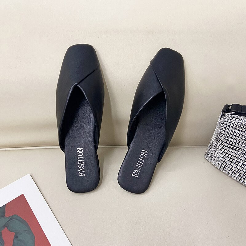 Plus Size Women Mules 2022 Summer Elegant Square Closed Toe Flat Slippers Female Shoes Casual Leather Black White Slides Ladies