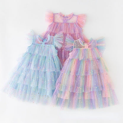 Girls Tulle Super Fairy Princess Dresses Fly Sleeve Rainbow Star Sequined Cake Dress Children Mesh Puffy Birthday Party Vestidos