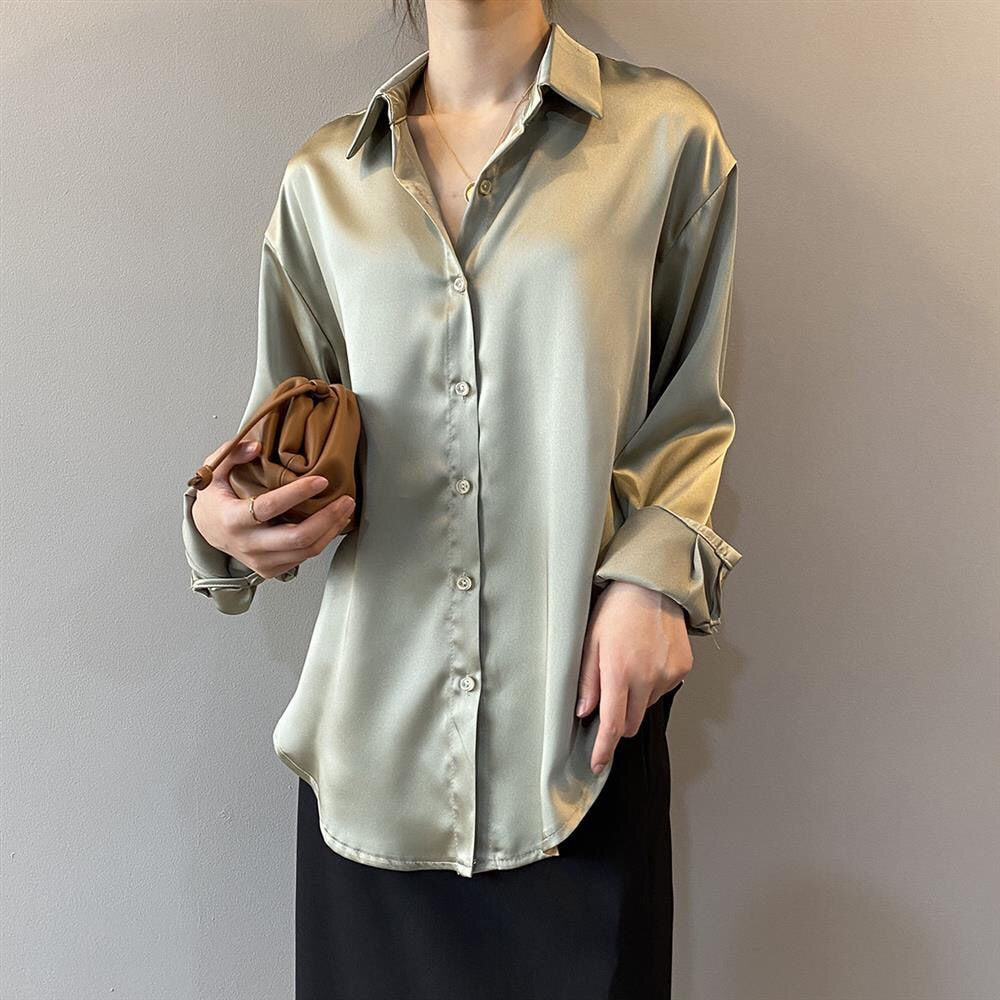 Women Silk Shirt 2023 New Vintage Fashion Solid Button Up Long Sleeves Blouse Tops Female Summer Casual Loose Office Lady Shirts