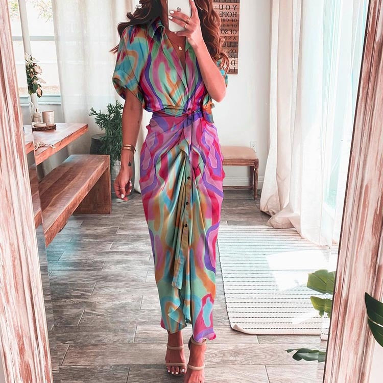 Women Vintage Printed Maxi Dress Summer Casual Button Lace Up Short Sleeve Dresses Female Solid V Neck Beach Long Dress Vestidos