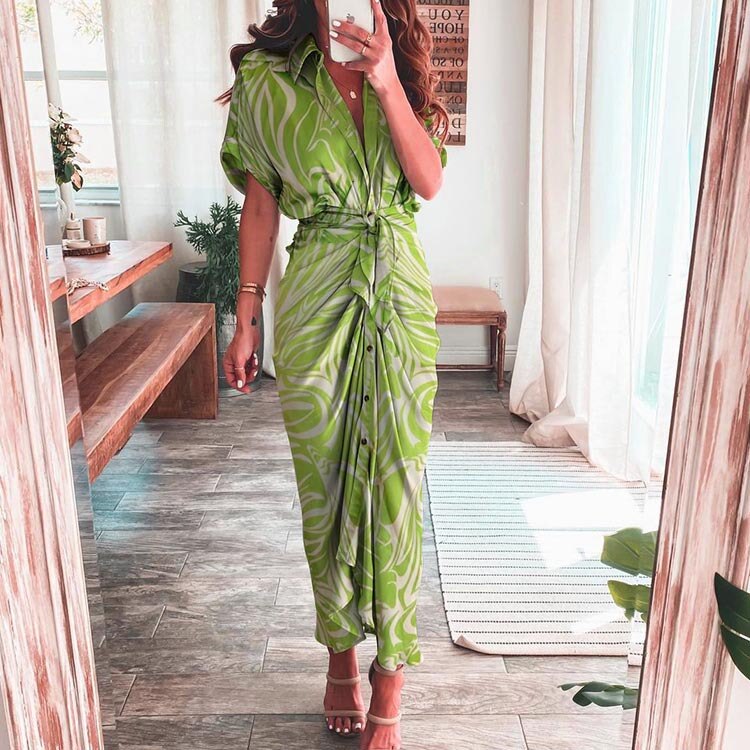 Women Vintage Printed Maxi Dress Summer Casual Button Lace Up Short Sleeve Dresses Female Solid V Neck Beach Long Dress Vestidos