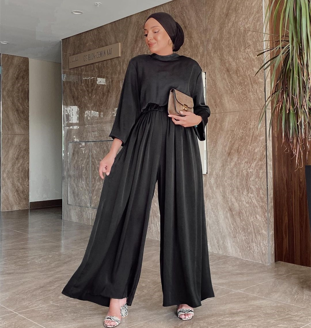 Muslim Temperament Suit Dress Middle East Dubai High Waist Wide Leg Pants Jumpsuit Set Modest Clothing Muslim Woman Outfit