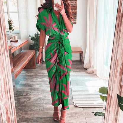 Women Vintage Printed Maxi Dress Summer Casual Button Lace Up Short Sleeve Dresses Female Solid V Neck Beach Long Dress Vestidos