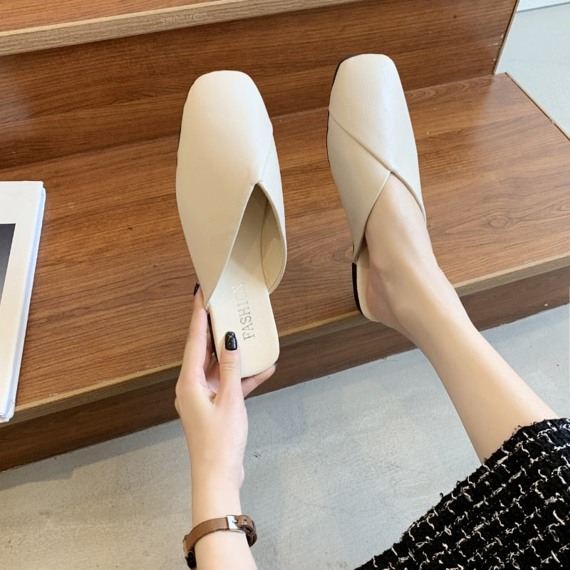 Women Mules 2023 Summer Elegant Square Closed Toe Flat Slippers Female Shoes Casual Leather Black White Slides Plus Size 35-43