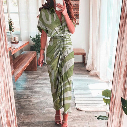 Women Vintage Printed Maxi Dress Summer Casual Button Lace Up Short Sleeve Dresses Female Solid V Neck Beach Long Dress Vestidos