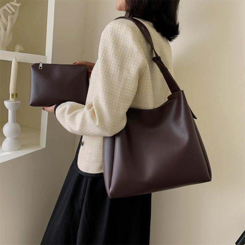 Quality Women Tote Bags 2 Pcs/Set Large Capacity Shopper Shoulder Bag Pure Color Wide Strap Soft PU Leather Female Handbags 2022