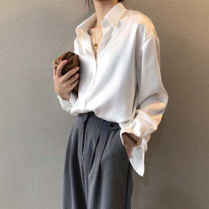 Women Silk Shirt 2023 New Vintage Fashion Solid Button Up Long Sleeves Blouse Tops Female Summer Casual Loose Office Lady Shirts