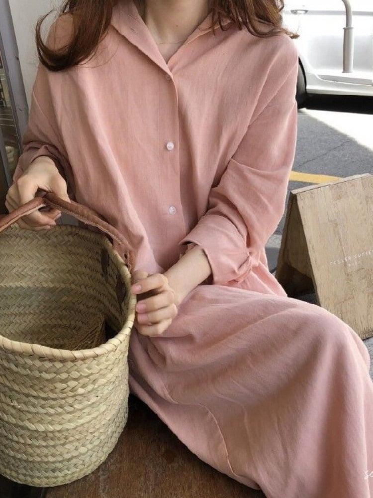 S-2XL Cotton New Summer Shirt Dress Pink Evening Vintage Dress Party Oversize Long Beach Women Dresses Loose Robe Vestido Pure