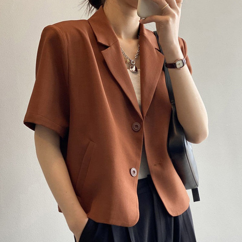 Blazers Women Leisure Elegant Solid Short Sleeve Chic Ins Korean Fashion Female Tops Office Wear Single Breasted Trendy Blazer