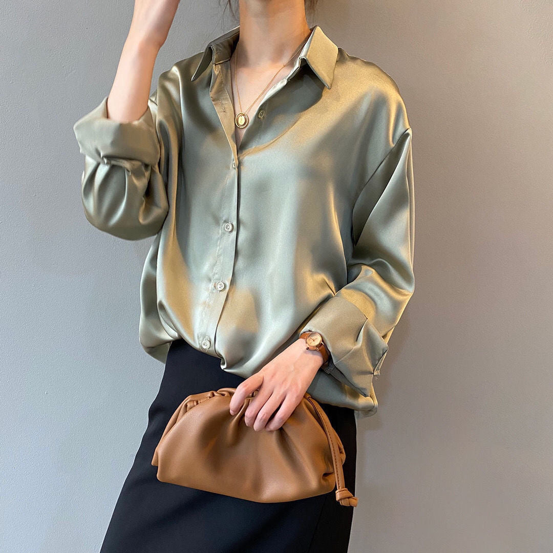 Women Silk Shirt 2023 New Vintage Fashion Solid Button Up Long Sleeves Blouse Tops Female Summer Casual Loose Office Lady Shirts