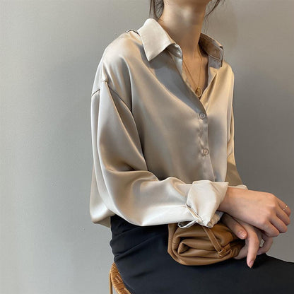 Women Silk Shirt 2023 New Vintage Fashion Solid Button Up Long Sleeves Blouse Tops Female Summer Casual Loose Office Lady Shirts