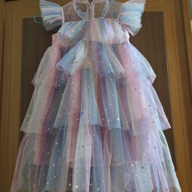 Girls Tulle Super Fairy Princess Dresses Fly Sleeve Rainbow Star Sequined Cake Dress Children Mesh Puffy Birthday Party Vestidos