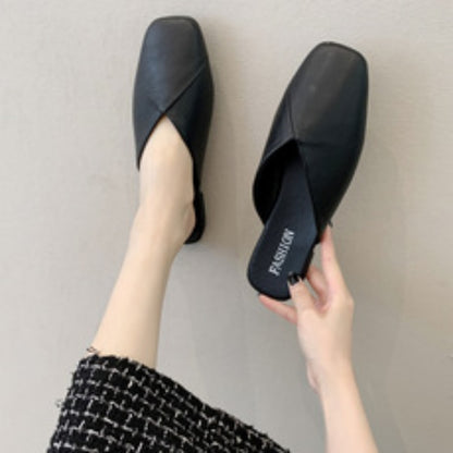 Women Mules 2023 Summer Elegant Square Closed Toe Flat Slippers Female Shoes Casual Leather Black White Slides Plus Size 35-43