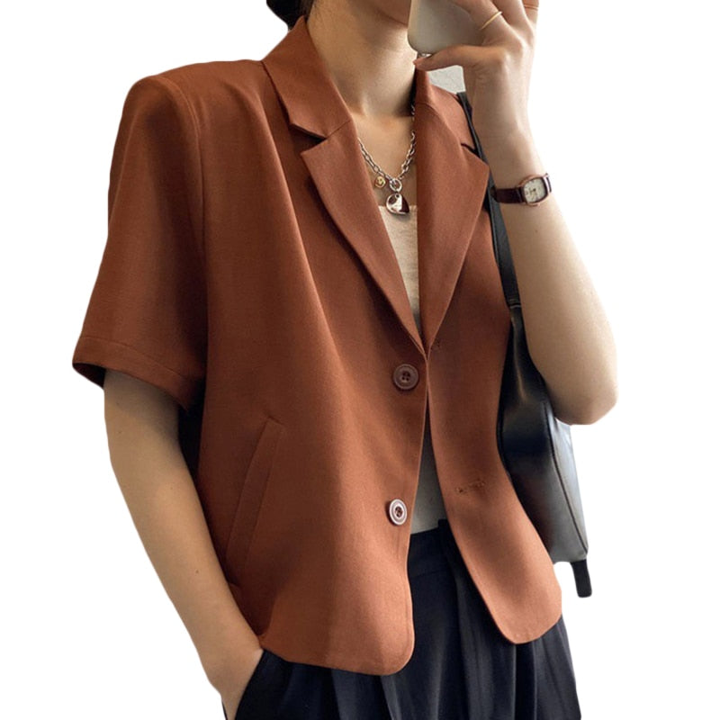 Blazers Women Leisure Elegant Solid Short Sleeve Chic Ins Korean Fashion Female Tops Office Wear Single Breasted Trendy Blazer