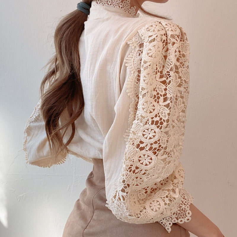 Elegant Lace Embroidery Women Blouse Petal Sleeve Hollow Out Solid Button Stand Collar Shirt Femme Plus Size Spring Blusa Tunic