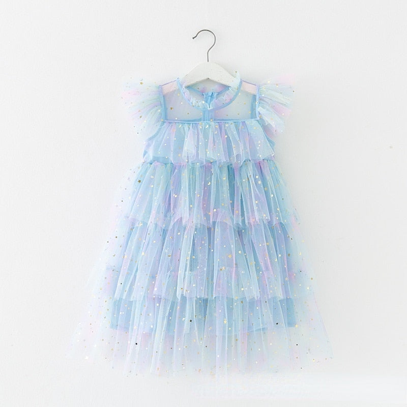Girls Tulle Super Fairy Princess Dresses Fly Sleeve Rainbow Star Sequined Cake Dress Children Mesh Puffy Birthday Party Vestidos