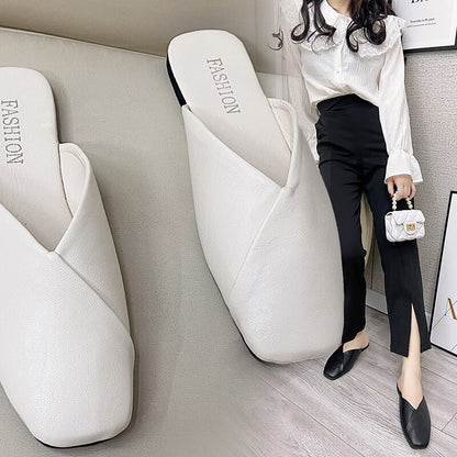 Plus Size Women Mules 2022 Summer Elegant Square Closed Toe Flat Slippers Female Shoes Casual Leather Black White Slides Ladies