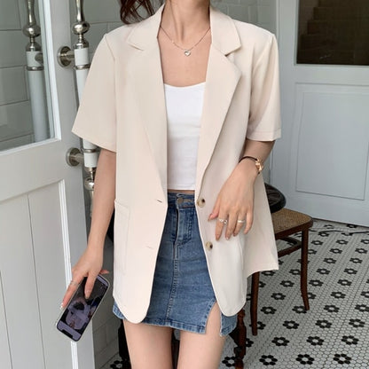 Blazers Women Notched Summer Loose Fashion Elegant Chic Pockets Office-look High Street Outwear Hot Sale Basic Mujer Clothing