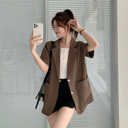 Blazers Women Notched Summer Loose Fashion Elegant Chic Pockets Office-look High Street Outwear Hot Sale Basic Mujer Clothing