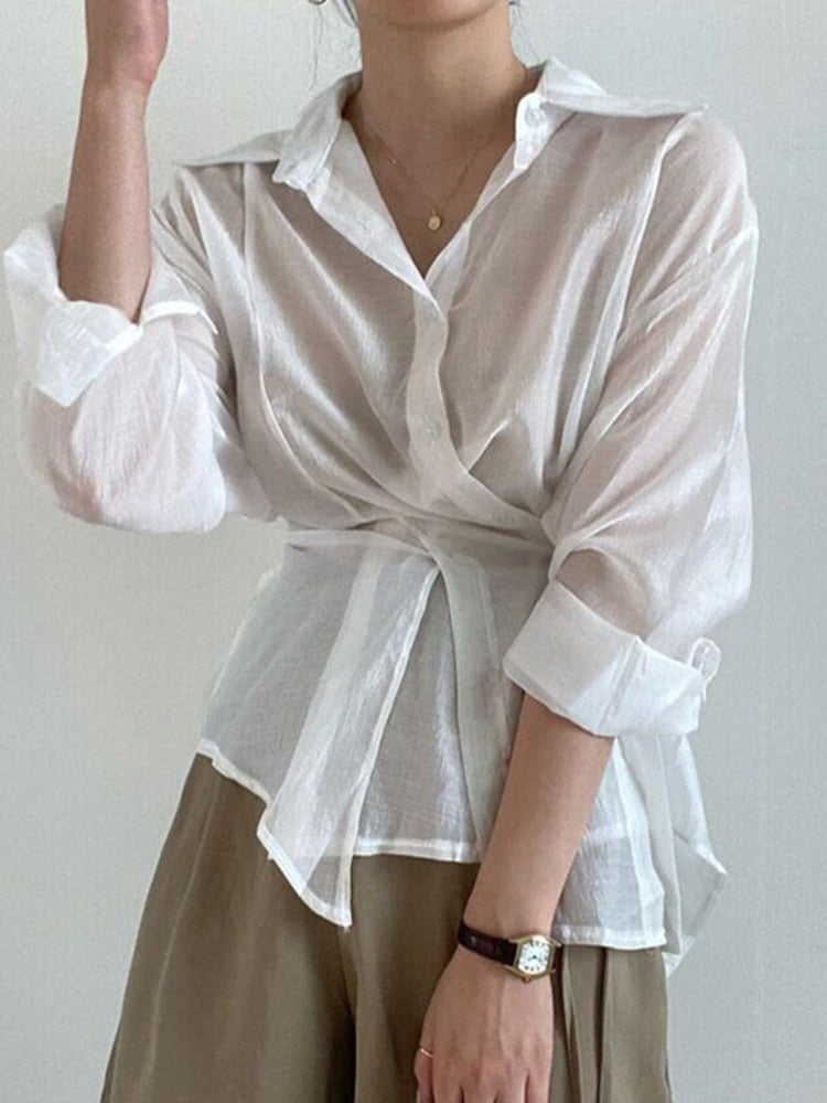 SHENGPALAE White Irregular Blouse Women's Autumn 2023 New Lapel Loose Single Breasted Lace Up Long Sleeve Shirt Female 5E2076