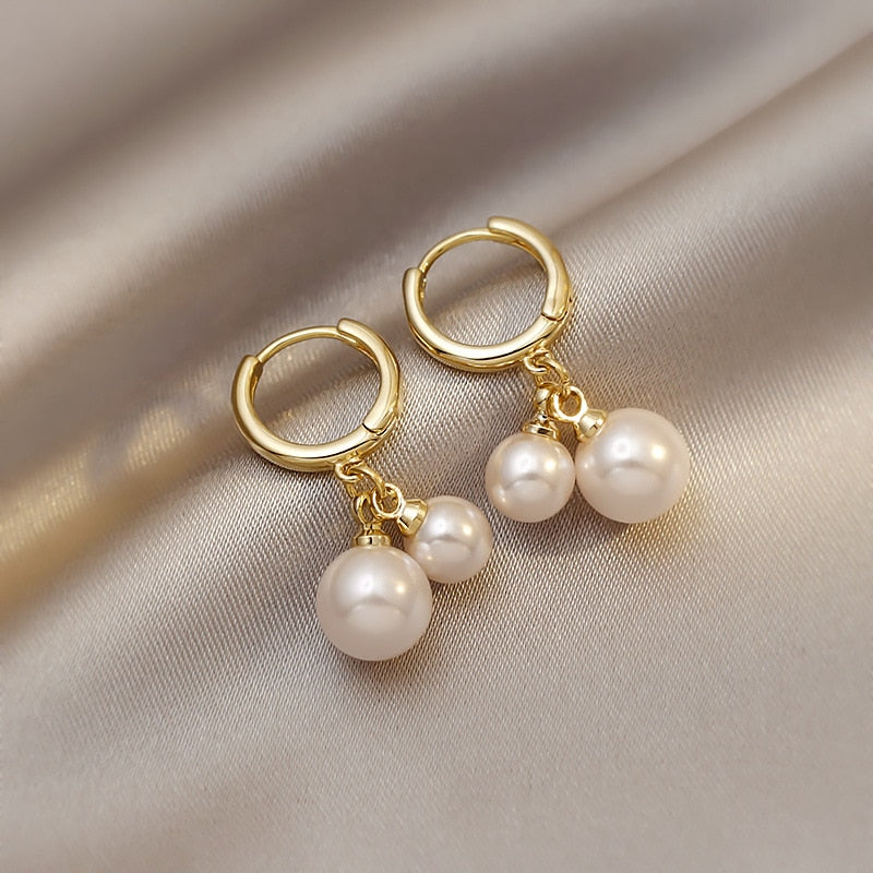 New white boho imitation pearl round circle hoop earrings female gold color big earrings korean jewelry statement earrings