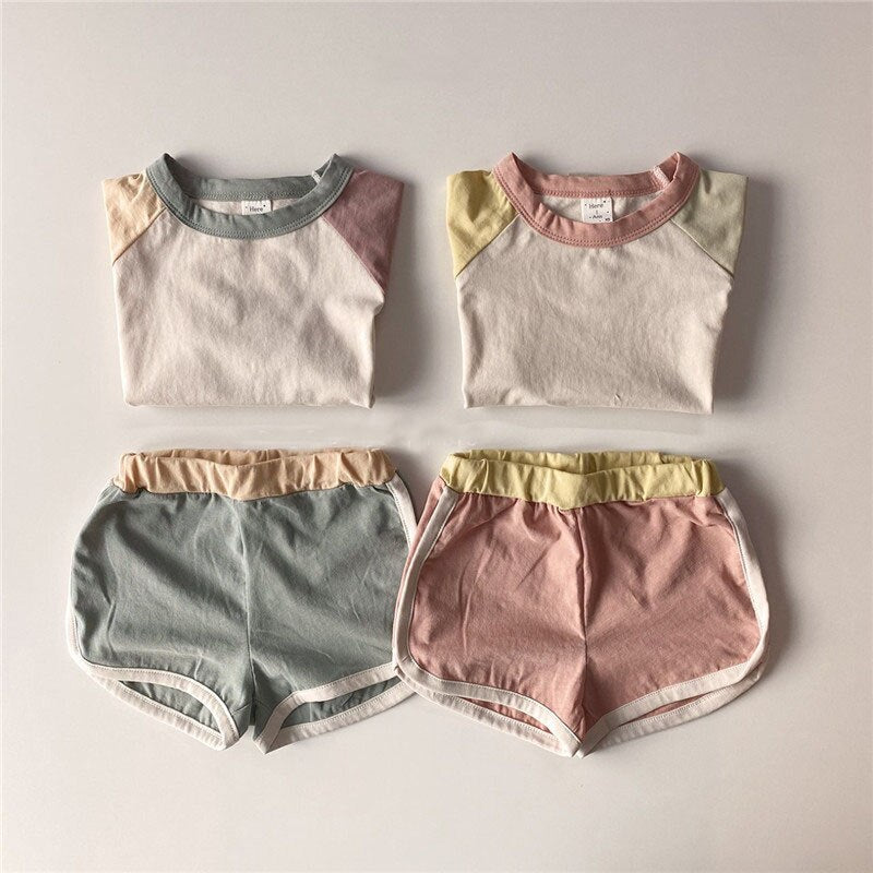 2pcs Toddler Children Boys Girls Outfits Sets Summer Fashion Short Sleeve Kids T-shirts + Shorts Patchwork Color Clothing Suit