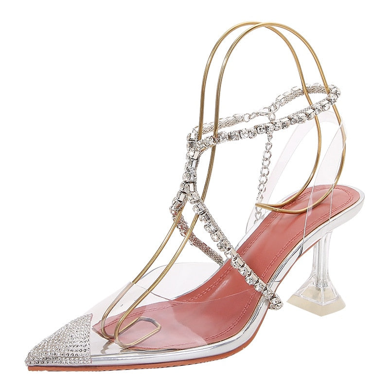 Luxury Designer Rhinestone Closed Toe Silver High Heels Pumps For Women Clear 2022 Slingback Sandals For Wedding Bridal Shoes