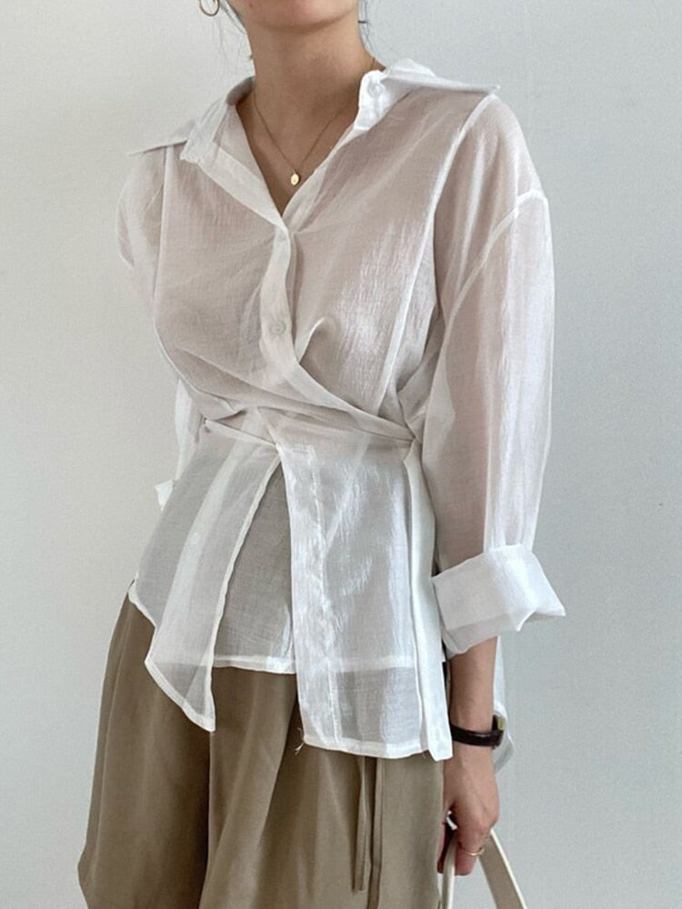 SHENGPALAE White Irregular Blouse Women's Autumn 2023 New Lapel Loose Single Breasted Lace Up Long Sleeve Shirt Female 5E2076