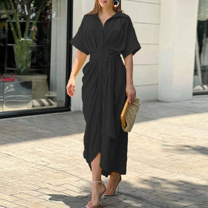 Women Vintage Printed Maxi Dress Summer Casual Button Lace Up Short Sleeve Dresses Female Solid V Neck Beach Long Dress Vestidos