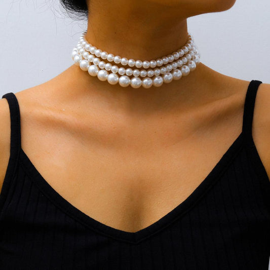 Multi-Layer White Imitation Pearl Necklace Bead  Chain Punk Ladies Wedding Short Clavicle Necklac Girl Charm Banquet Jewelry