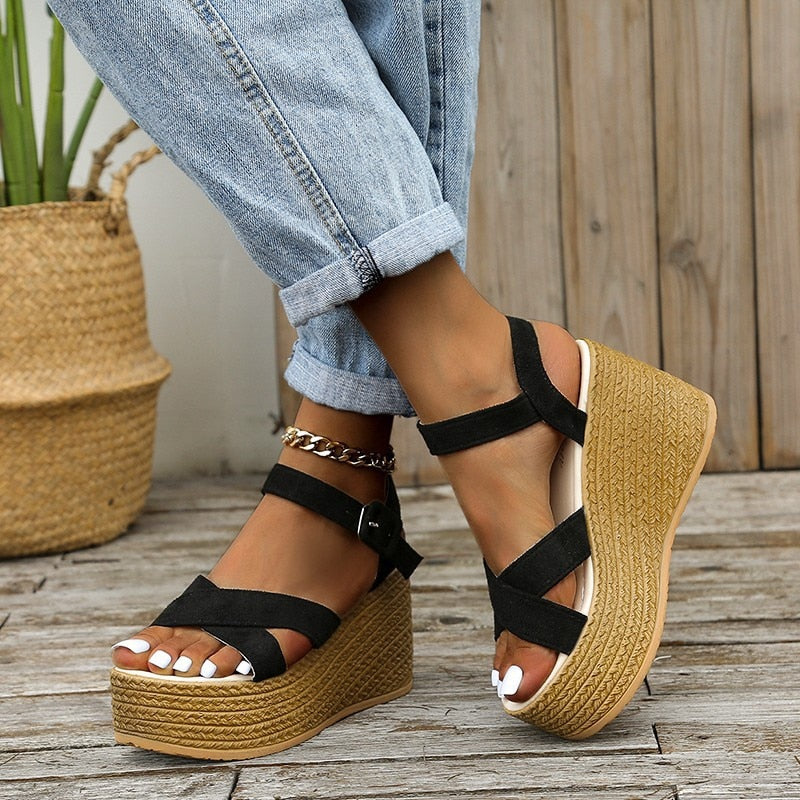 Fashion Wedge Sandals for Women Summer 2022 Casual Non-slip Peep Toe Platform Shoes Rubber Sole Buckle Elegant Heels Women
