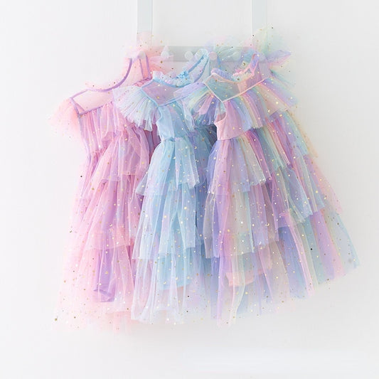 Girls Tulle Super Fairy Princess Dresses Fly Sleeve Rainbow Star Sequined Cake Dress Children Mesh Puffy Birthday Party Vestidos