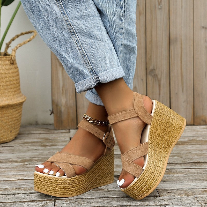 Fashion Wedge Sandals for Women Summer 2022 Casual Non-slip Peep Toe Platform Shoes Rubber Sole Buckle Elegant Heels Women