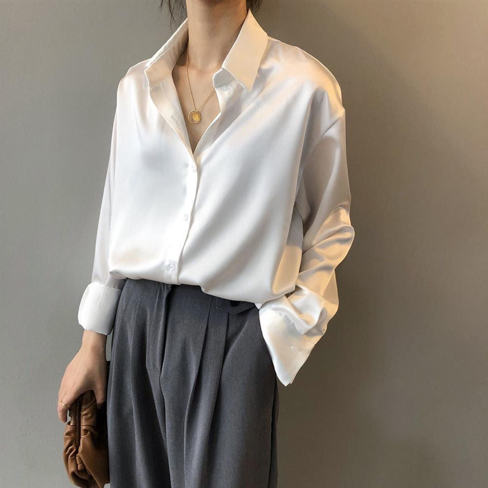 Women Silk Shirt 2023 New Vintage Fashion Solid Button Up Long Sleeves Blouse Tops Female Summer Casual Loose Office Lady Shirts