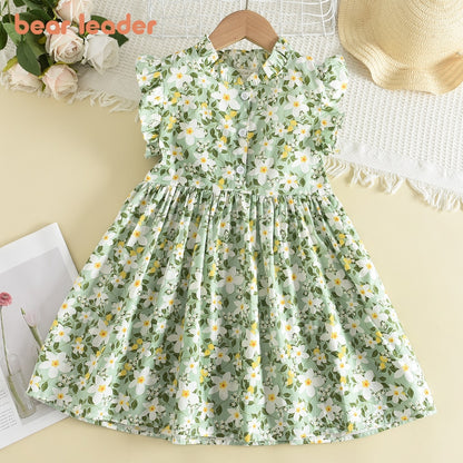 Bear Leader Girls Casual Dresses 2023 New Summer Kids Baby Flowers Print Costumes Floral Party Birthday Princess Vestidos 2-6Y