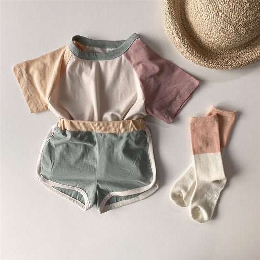 2pcs Toddler Children Boys Girls Outfits Sets Summer Fashion Short Sleeve Kids T-shirts + Shorts Patchwork Color Clothing Suit