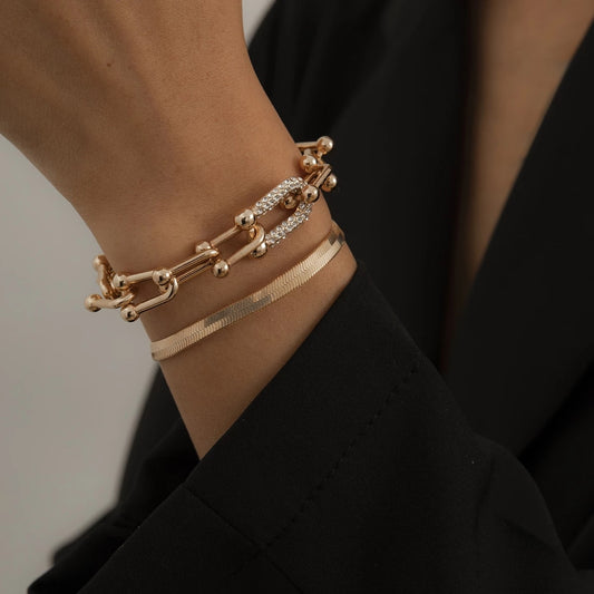 Fashion Statement Heavy Metal Bangle Bracelet Trendy Gold Color Copper Chain U Link Crystal Bracelet Pulseras Women Bijoux Gift