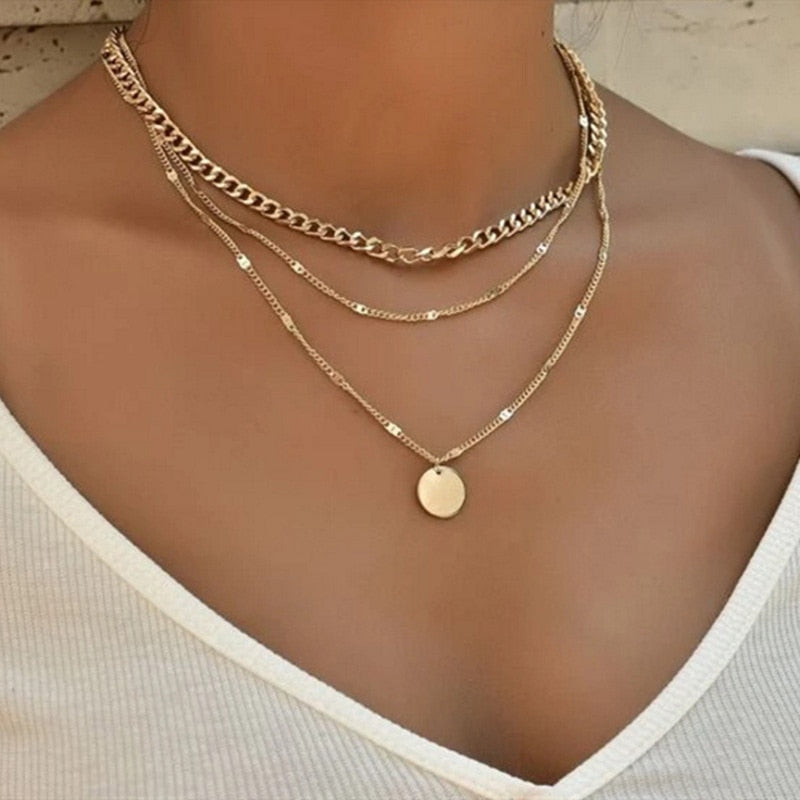 Vintage Pendant Necklace for Women Gold Color Chain Multilayer  Bohemian Coins Necklaces Girls Collier Femme Collares Jewelry