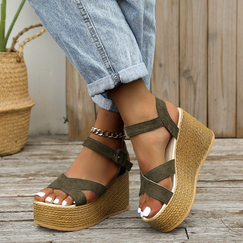 Fashion Wedge Sandals for Women Summer 2022 Casual Non-slip Peep Toe Platform Shoes Rubber Sole Buckle Elegant Heels Women